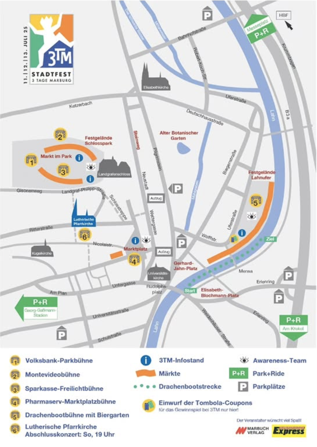 Lageplan 3TM Stadtfest Marburg mit Bühnen, Märkten und Infoständen